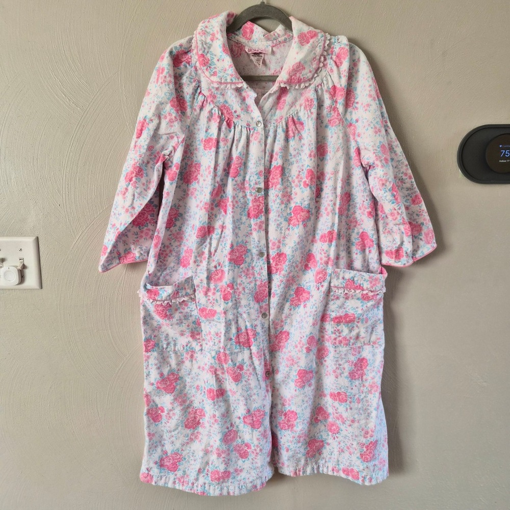 Honors Intimates Vintage 1X Pink Blue Floral Cotton Flannel Nightgown Pockets,